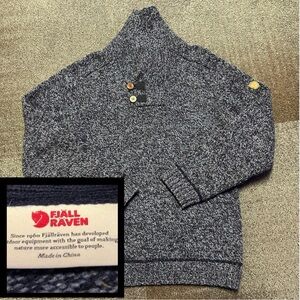 Fjallraven Lada Sweater Mens Large Wool Blend Blue Shawl Collar Outdoor